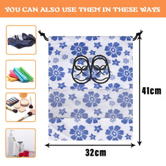 Heart Home Shoe Cover | Travel Shoe Storage Bags | Non-Woven Storage Bags | Shoe Cover with Drawstring | Shoe Organizer with Clear window | Blue Flower-Design | Pack of 24 | White