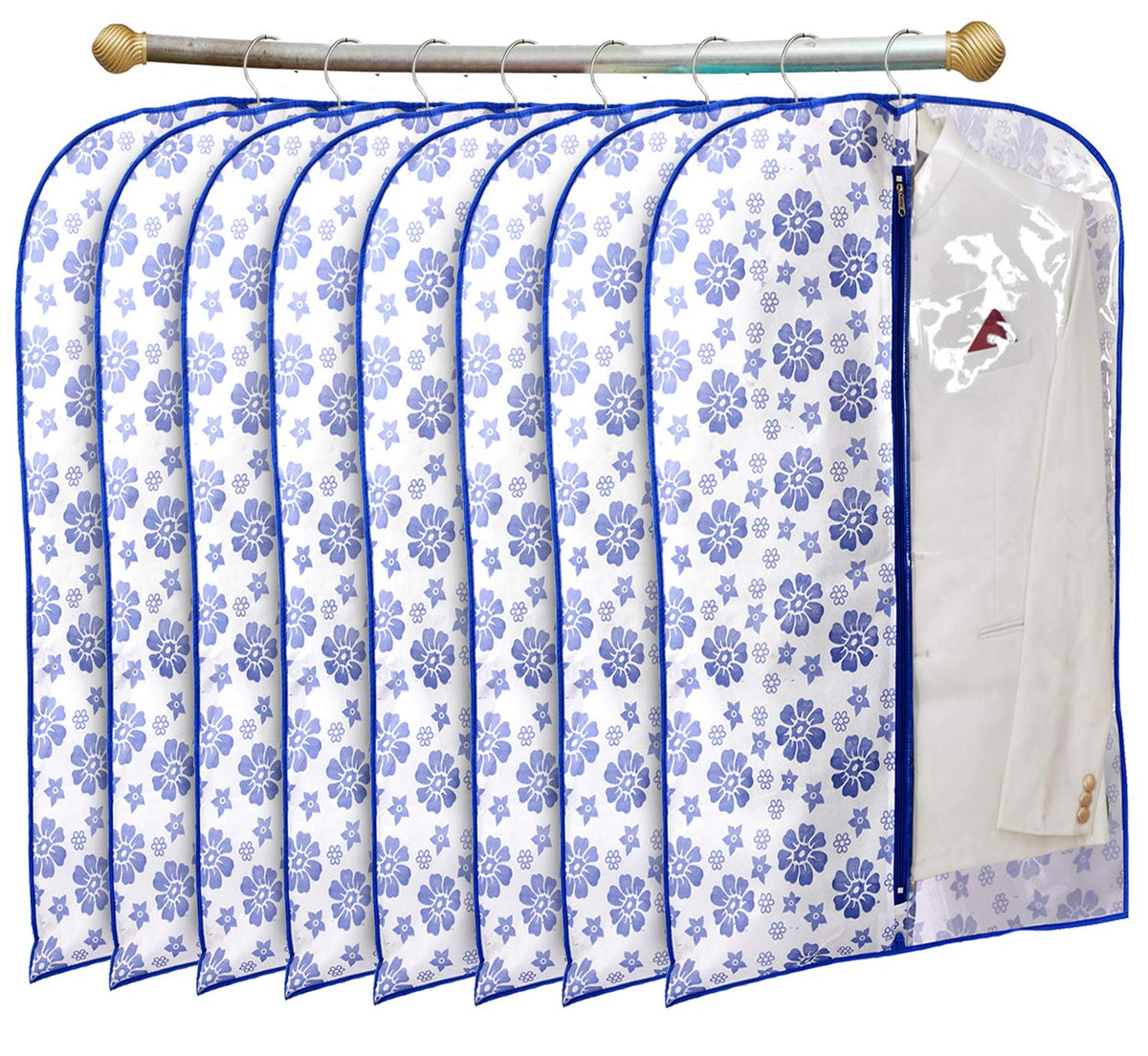 Kuber Industries Flower Printed 8 Pieces Half Transparent Non Woven Men's Coat Blazer Cover (Blue)-KUBMART855