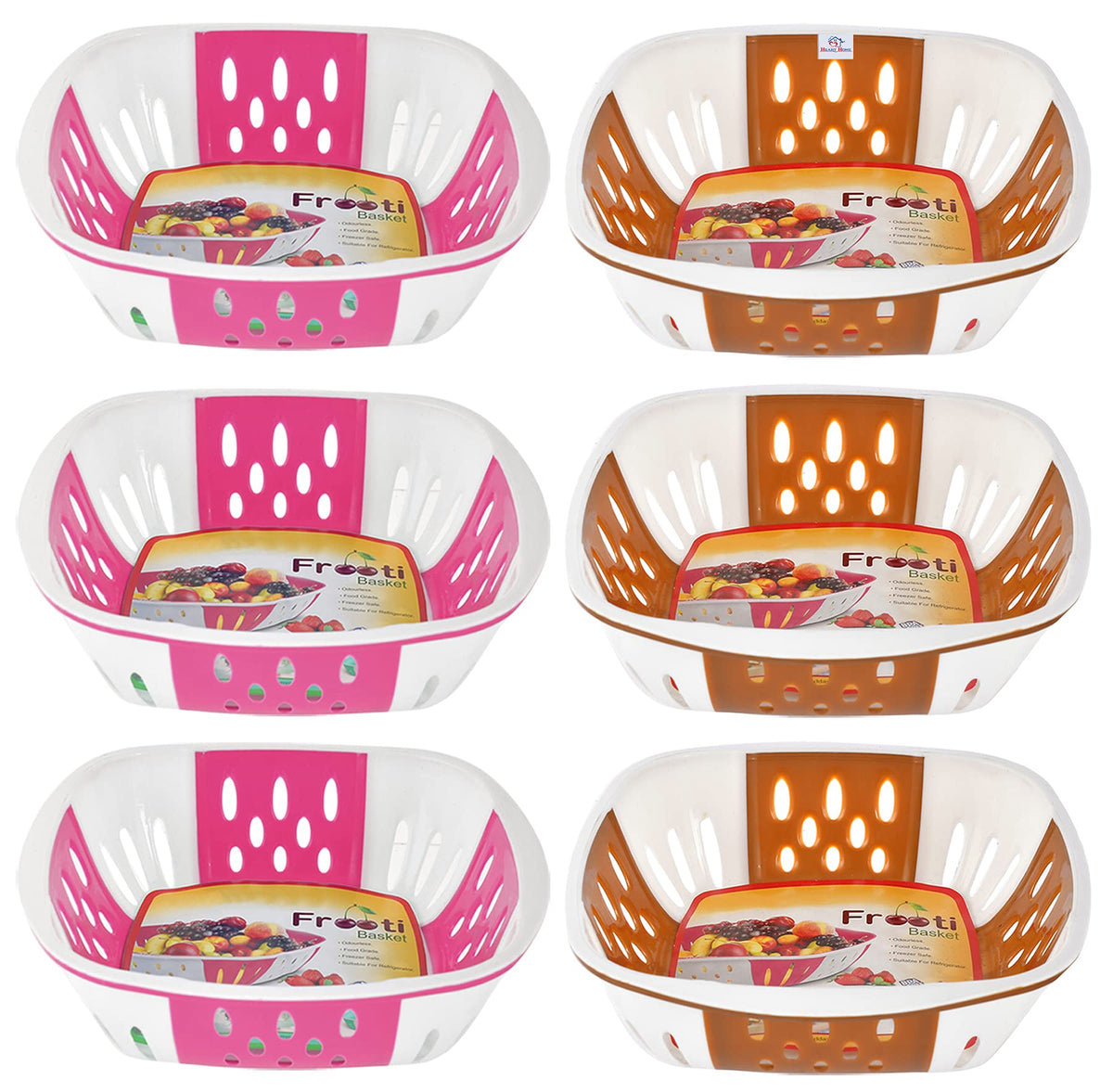 Heart Home Large Plastic Fruit, vegetable Storage Basket- Pack of 6 (Pink & Brown)-HS42KUBMART25433