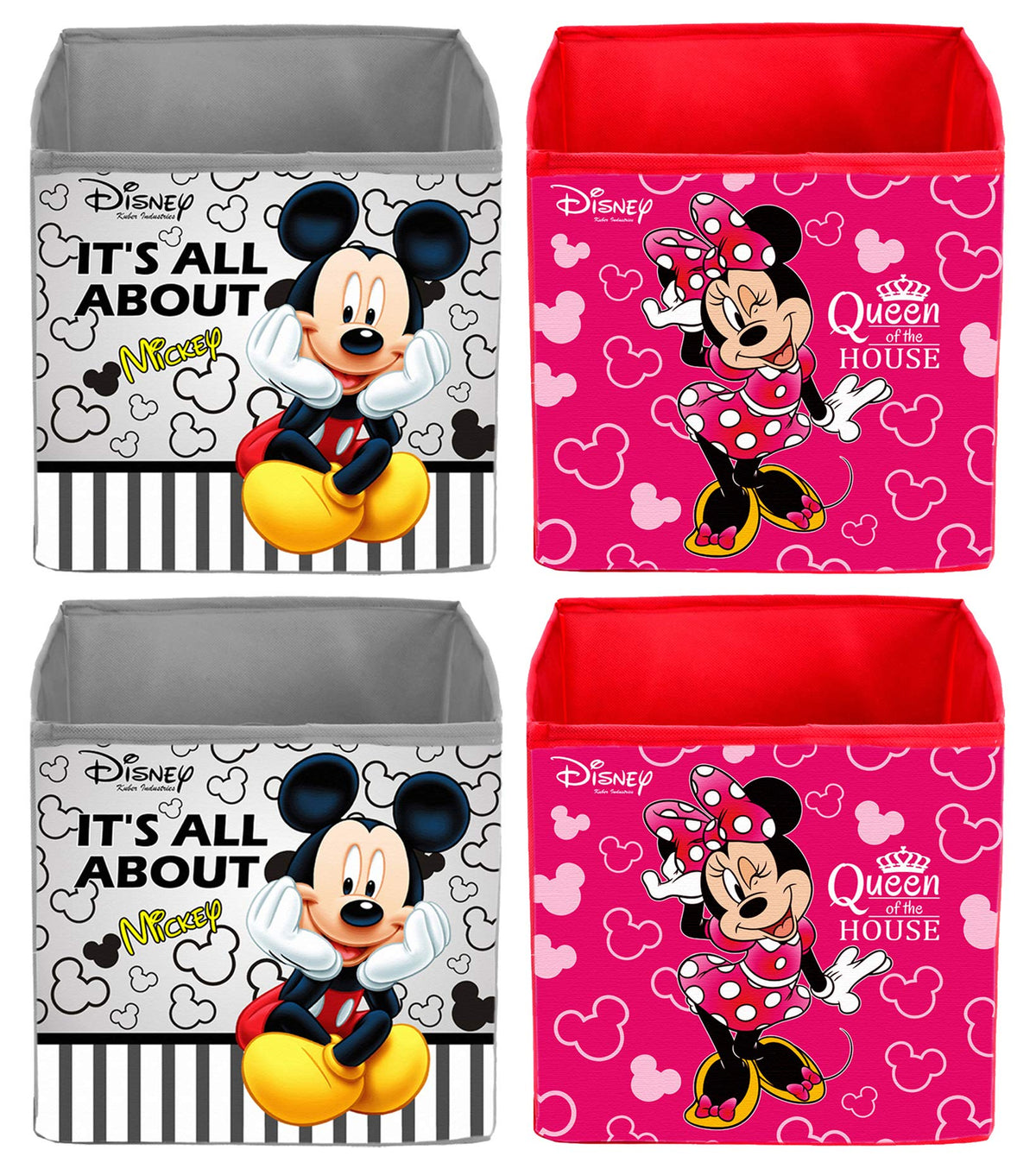 Kuber Industries Disney Print Non Woven 4 Pieces Fabric Foldable Storage Cube For Toy,Books,Shoes Storage Box With Handle,Extra Large (Grey & Pink)-KUBMART16216