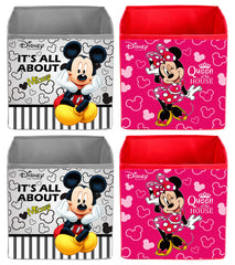 Kuber Industries Disney Print Non Woven 4 Pieces Fabric Foldable Storage Cube For Toy,Books,Shoes Storage Box With Handle,Extra Large (Grey & Pink)-KUBMART16216