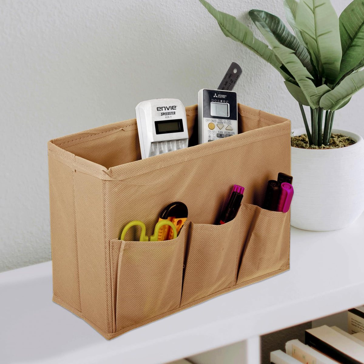 Heart Home Stationary Box | Non-Woven Files Organizer for Office | Desk Organizer | Stationary Organizer for Kids Room with 3 Compartment | Plain Storage Box | Small | Brown