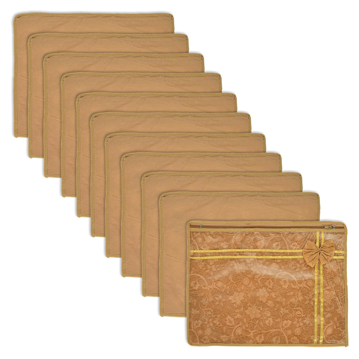 Heart Home Saree Cover | Clothes Storage Bag | Single Packing Saree with Zip Closure | Wardrobe Organizer | Cloth Stoarge Organizer | Bow New Flower-Design | Pack of 12 | Brown