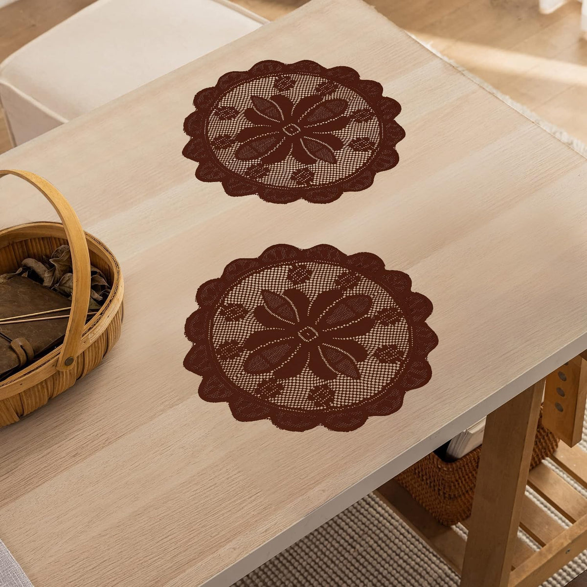 Heart Home Placemat | Dining Table Placemat | Center Table Mats | Round Plain Net Placemat Set | Side Table Placemats for Hotel-Home Décor | 20 Inch | Pack of 2 | Maroon