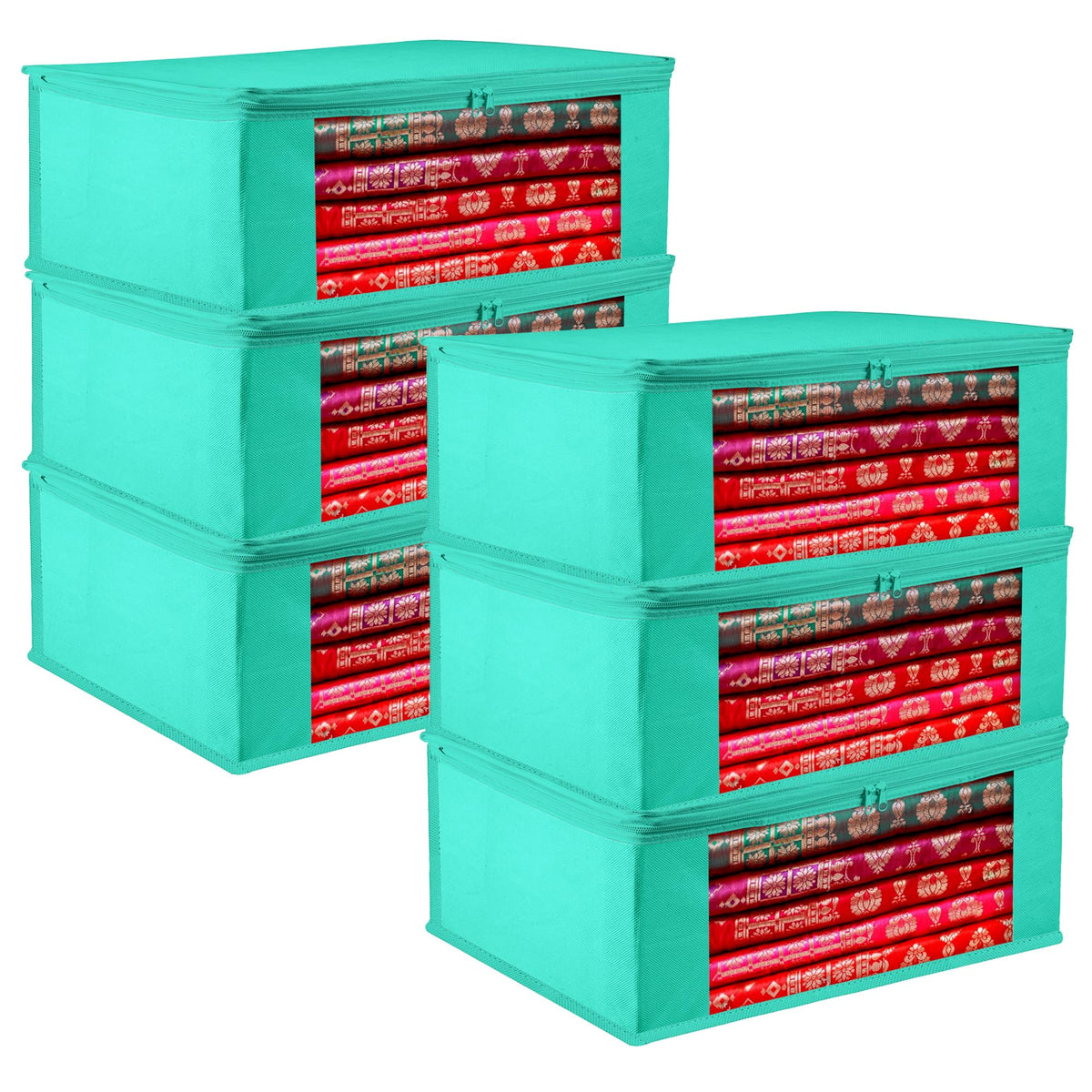 Heart Home Saree Cover | Clothes Storage Bag | Storage Organizer Bag | Zip Closure Saree Cover | Wardrobe Organizer | Plain Transparent Window Saree Cover | 6 Inch | Pack of 6 | Green