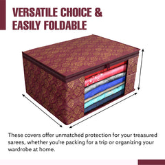 Heart Home Saree Cover | Zip Closure Saree Cover | Clothes Storage Bag | Wardrobe Organizer | Transparent Window Saree Cover | Golden Printed | 9 Inch | Pack of 3 | Maroon