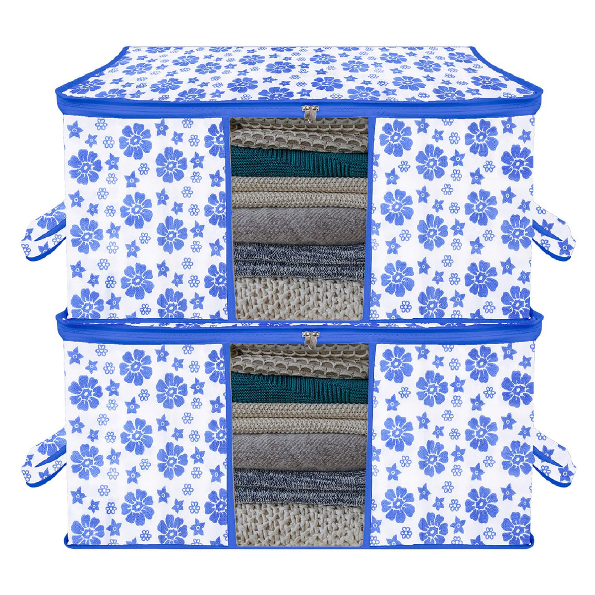 Heart Home Underbed Storage Bag | Clothes Storage Organizer | Blanket Cover with Clear Window | Zipper Closure & Handle Cloth Organizer | Flower-Design | Large | Pack of 2 | Blue