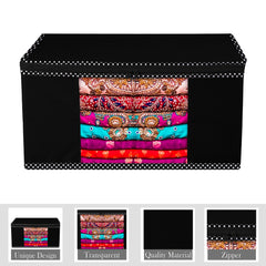 Heart Home Saree Cover | Zip Closure Saree Cover | Clothes Storage Bag | Wardrobe Organiser for Suit | Transparent Window Saree Cover | Dot Border-Design | 9 inch | Pack of 12 | Black