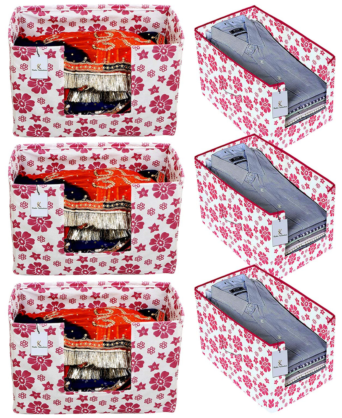 Kuber Industries Flower Printed Non Woven 3 Piece Non Woven Shirt Stacker And 3 Piece Foldable Rectangle Cloth Saree Stacker Cloth Wardrobe Organizer Wardrobe Organizer (Pink) -CTKTC38201