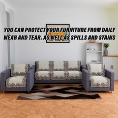 Heart Home Sofa Cover Set|5-Seater Couch Cover|Net Velvet Sofa Slip Cover Set|Sofa Slipcover Set|Sofa Cover for Living Room|Blue Gulab Border Crown Sofa Cover|Cream