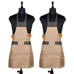 Heart Home Apron | Jute 2 Front Pocket Kitchen Apron | Apron for Restaurent | Apron for Housewife | Chef Apron for Kitchen | Water Resistance Apron | Pack of 2 | Golden