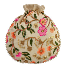 Kuber Industries Potli|Silk Wedding Potli|Christmas Gift Potli|Baby Shower Potli|Traditional Shagun Potli|Drawstring with Beads Handle Potli|New Flower Embroidery Potli|Pack of 2|Cream