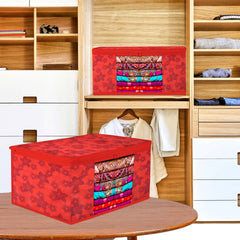 Heart Home Saree Cover | Zip Closure Saree Cover | Clothes Storage Bag | Wardrobe Organiser | Transparent Window Saree Cover | Flower-Design | 9 inch | Pack of 9 | Red