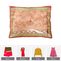 Heart Home Saree Cover | Clothes Storage Bag | Single Packing Saree with Zip Closure | Wardrobe Organizer | Cloth Stoarge Organizer | 4 Side Lace Saree Cover | Pack of 6 | Pink