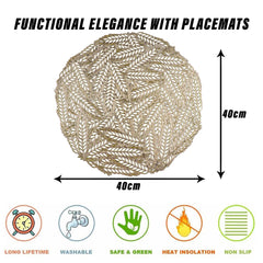 Heart Home Placemat | Placemats for Dining Room | Designer Table Mat Set | Placemats for Kitchen Table | Round Table Placemats | Leaf-Design Placemat | 4 Piece Set | Golden