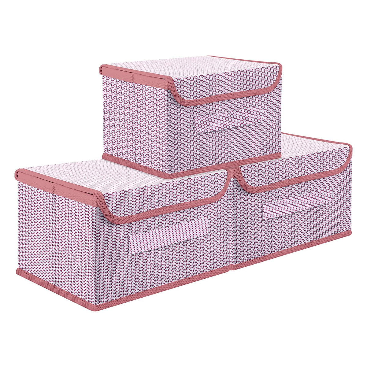 Kuber Industries Drawer Storage Box | Zig Zag Dhakkan Storage Box | Non-Woven Clothes Organizer For Toys | Storage Box with Handle | Large | Pack of 3 | Pink
