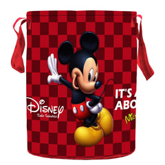 Kuber Industries Disney Mickey Print Round Non Woven Fabric Foldable Laundry Organiser with Handles,45 LTR (Maroon)-KUBMART11636