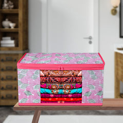 Heart Home Saree Cover | Zip Closure Saree Cover | Clothes Storage Bag | Wardrobe Organiser | Transparent Window Saree Cover | Flower Patta-Design | 9 inch | Pack of 9 | Pink