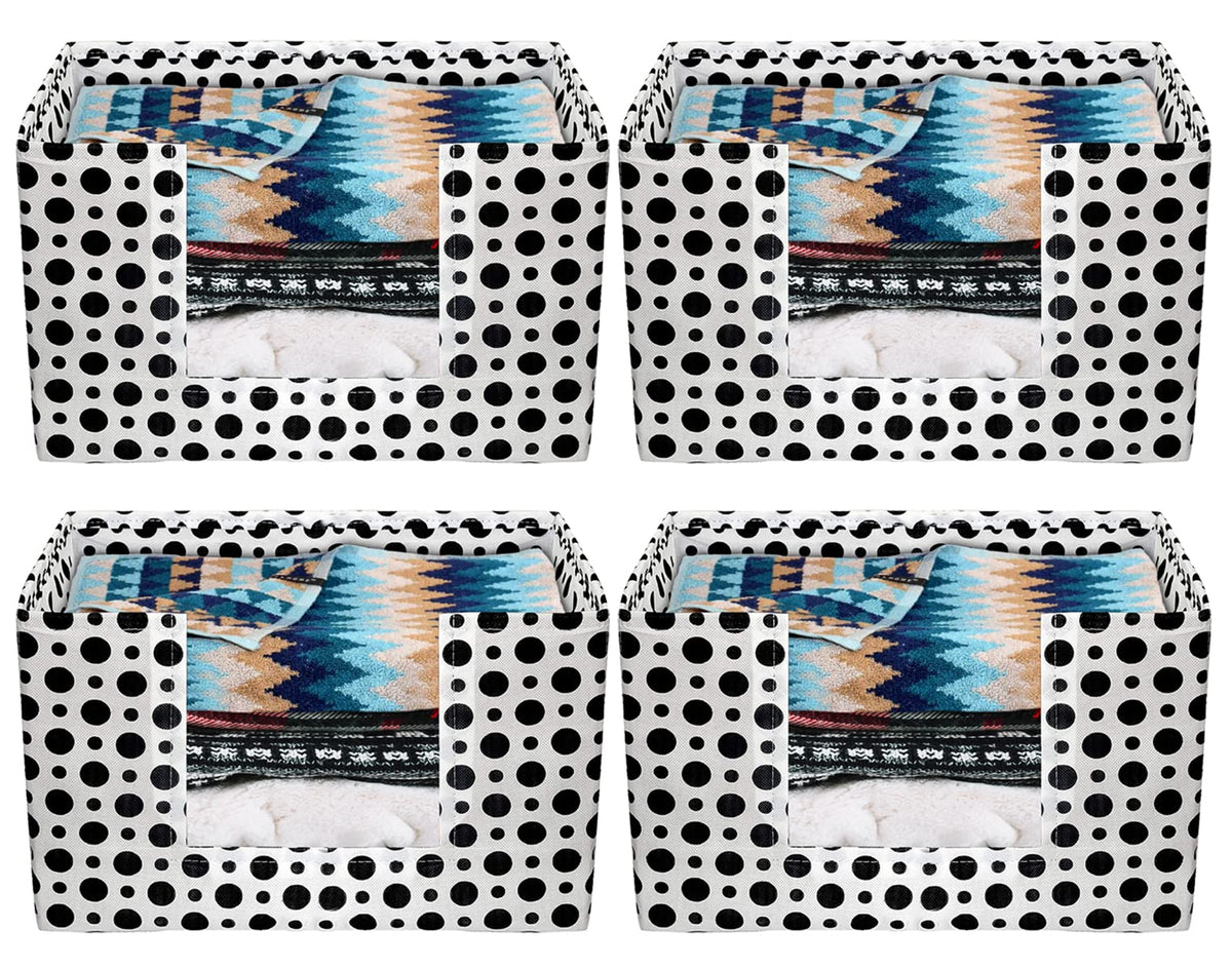 Heart Home Dot Printed Non-Woven Foldable Saree Stacker, Wardrobe Organizer, Storage Bin With Handle- Pack of 4 (Black & White)-HS43HEARTH26418
