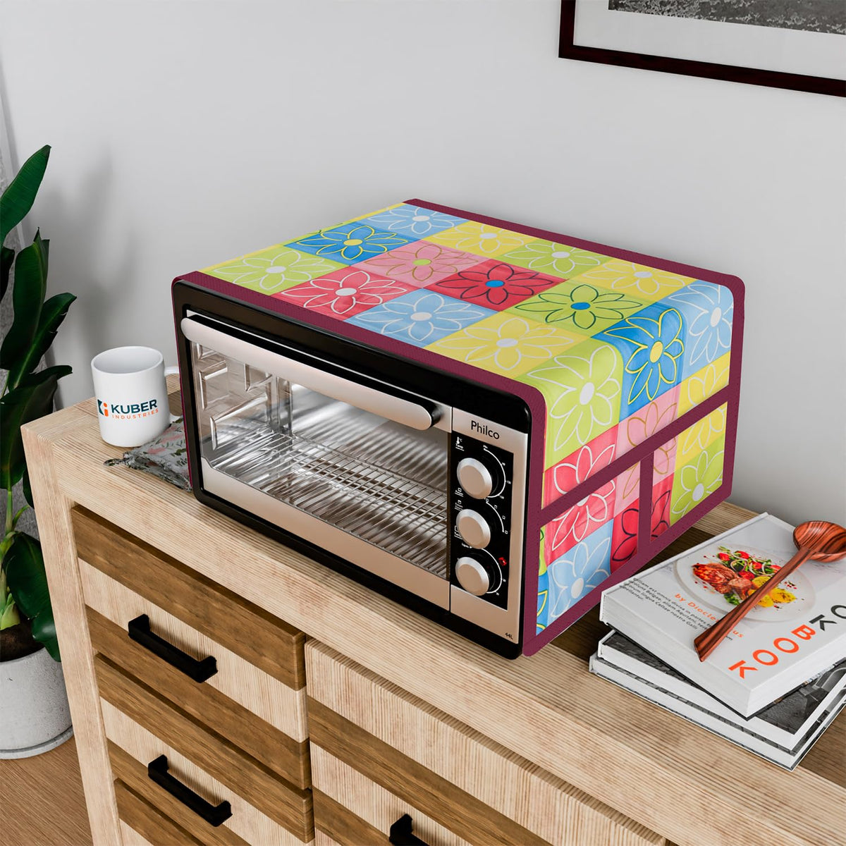 Heart Home Oven Top Cover | Microwave Oven Top Cover | Microwave Cover with 4 Utility Pockets | Oven Cover for Kitchen Décor | Check Oven Top Cover | Yellow