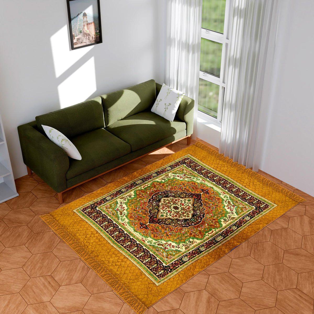 Heart Home Carpet|Velvet Carpet-Rug for Home Décor|Carpet Rug for Bedroom|Printed Carpet for Living Room|Prayer-Yoga Mat|Carpet for Hall|6.5x7.5 Ft|Golden