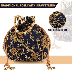 Kuber Industries Potli | Jute Handbags for women | Embroidered Women Potli Bag | Traditional Indian Potli Bags | Drawstring Bags for Wedding | Pack of 5 | Multicolor
