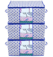 Heart Home Dot Printed Foldable, Lightweight Non Woven Underbed Storage Bag For Toys/Blankets/Stationery Paper/Clothes With Transparent Window With Handle Pack of 3 (Blue)-46HH0604