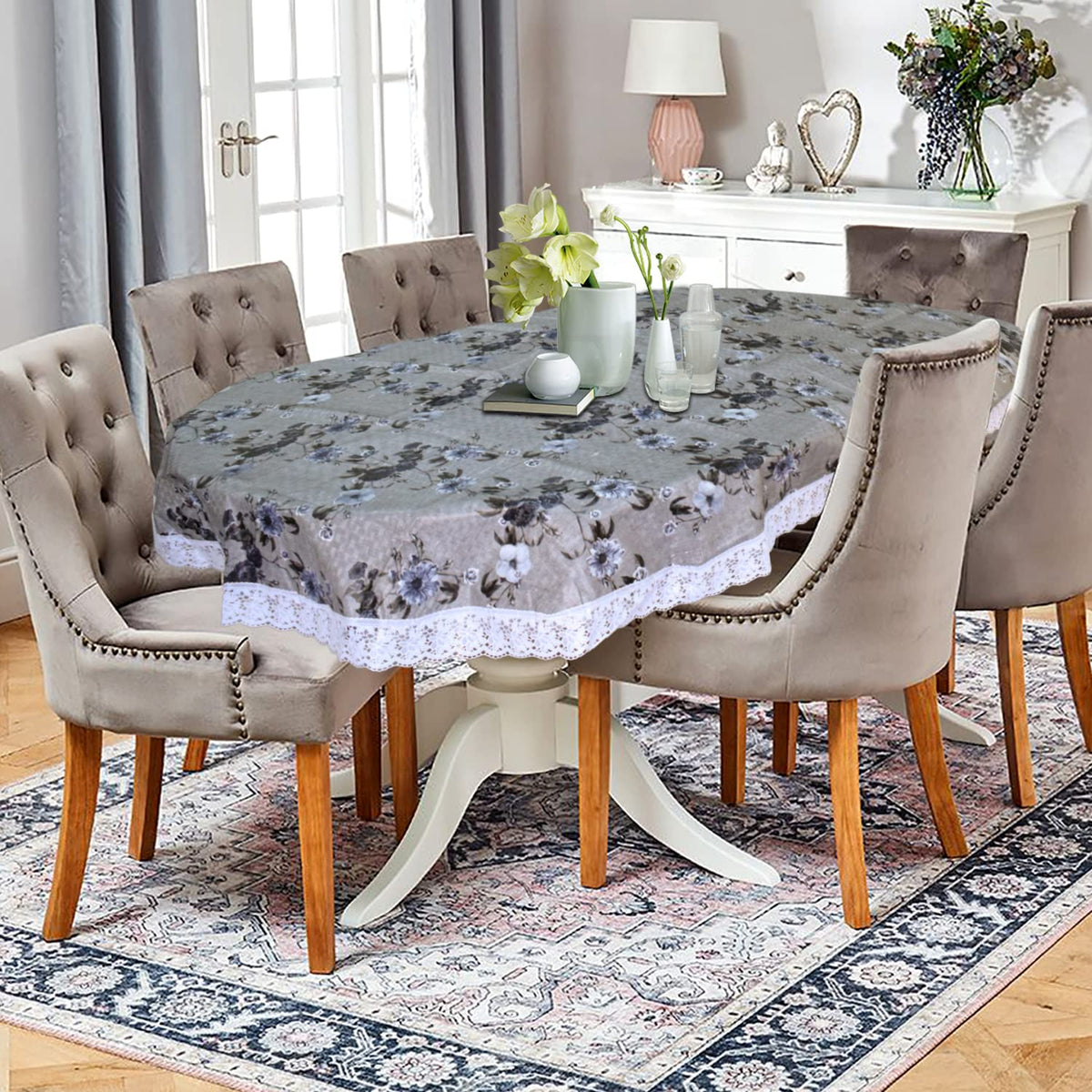 Kuber Industries Flower Printed PVC 6 Seater Oval Shape Table Cover, Protector with White Lace Border, 60"x90" (Grey)