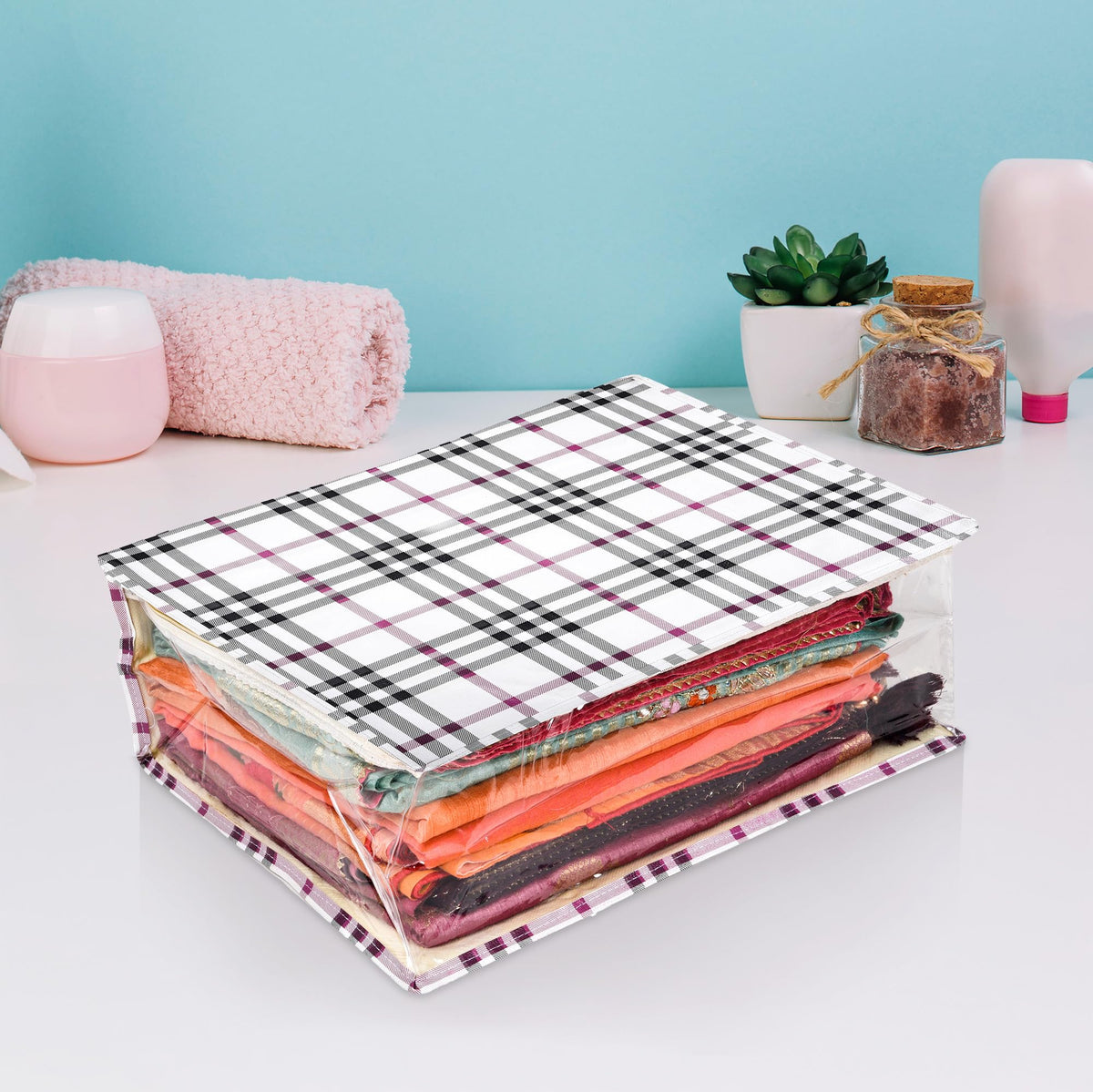 Heart Home Saree Cover | Clothes Storage Bag | Storage Organizer Bag | Zip Closure Saree Cover | Side Transparent Wardrobe Organizer | Check-Design | 6 Inch | Cream