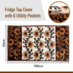 Kuber Industries Fridge Top Cover | Fridge Top Cover with Pockets | Refrigerator Top Cover for Kitchen | Fridge Top Cover with 6 Utility Pockets | Kniting Flower Fridge Cover | Brown