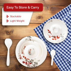 Kuber Industries 32 Pieces Round Melamine Microwave & Dishwasher Safe Dinnerware Kitchen Crockery Set | Glossy Dinner Sets & Kitchen Set for Home | Deluxe Red Gray Leaf - White