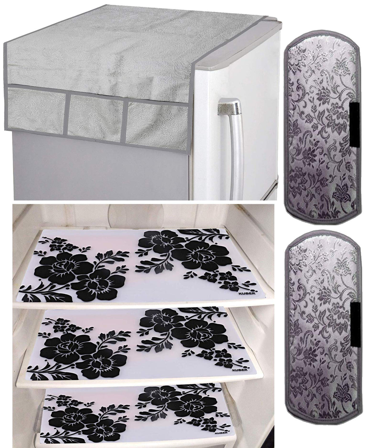 Kuber Industries Flower Design 3 Pieces PVC Fridge Mats,2 Piece Handle Cover and 1 Piece Fridge Top Cover (Silver) - CTKTC39684