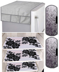 Kuber Industries Flower Design 3 Pieces PVC Fridge Mats,2 Piece Handle Cover and 1 Piece Fridge Top Cover (Silver) - CTKTC39684