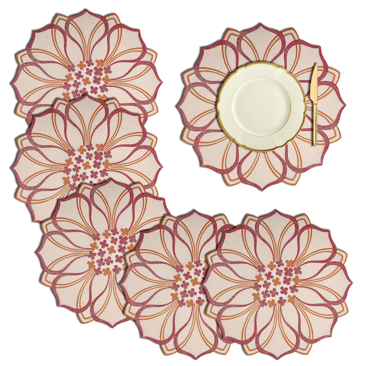 Heart Home Placemats | Placemats for Dining Table | Placemats for Kitchen | Table Placemats | Table Runner Mat | Multi Leaf Round Placemats | Dinner Mat | 6 Piece Set | Golden