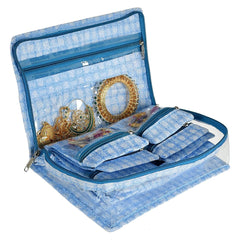 Kuber Industries Jewellery Kit | Check Design Vanity Box for woman | Laminated Jewellery Kit for woman | Jewellery Kit with 13 Transparent Pouch | Blue