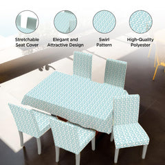 Kuber Industries Set of 7 Waterproof & Oil Repellent Dining Table Chair Cover 6 Seater Full Set | Washable & Dustproof Seat Cover Protector Slipcover Cloth | Swirl Pattern Light Blue