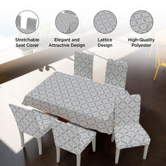 Kuber Industries Set of 7 Waterproof & Oil Repellent Dining Table Chair Cover 6 Seater Full Set | Washable & Dustproof Table & Seat Cover Protector Slipcover | Trellis Pattern Grey