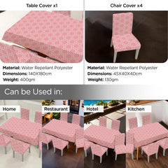 Kuber Industries Set of 5 Waterproof & Oil Repellent Dining Table Chair Cover 4 Seater Full Set | Washable & Dustproof Table & Seat Cover Protector Slipcover | Geometric Pattern Pink