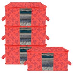 Heart Home Underbed Storage Bag | Clothes Storage Organizer | Blanket Cover with Clear Window | Zipper Closure & Handle Cloth Organizer | New Flower-Design | Large | Pack of 4 | Red