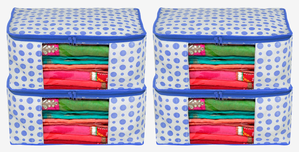 Kuber Industries Dot Printed Foldable, Lightweight Non-Woven Saree Cover/Organizer With Tranasparent Window- Pack of 4 (Blue)-46KM0495