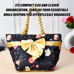 Heart Home Hand Purse | Polyester Hand Bag | Woman Shoulder Bag | Top Handle Handbag | Gifting Hand Purse | Ladies Tote Purse | Bow Flower Printed Handbag | Blue