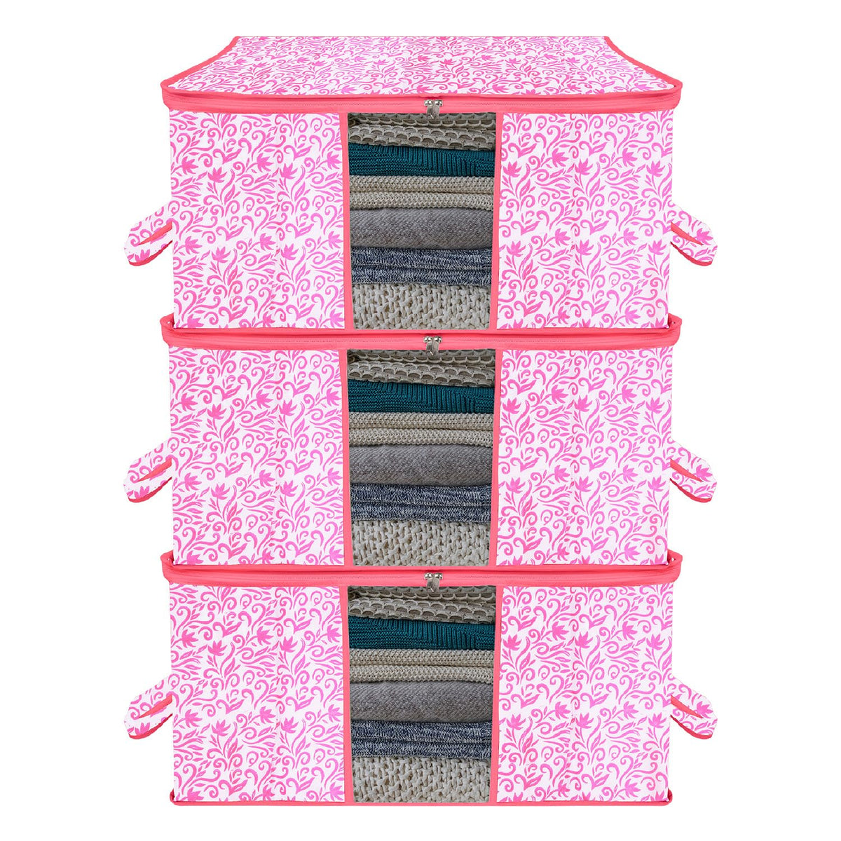 Heart Home Underbed Storage Bag | Clothes Storage Organizer | Blanket Cover with Clear Window | Zipper Closure & Handle Cloth Organizer | Leaf-Design | Large | Pack of 3 | Pink