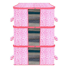 Heart Home Underbed Storage Bag | Clothes Storage Organizer | Blanket Cover with Clear Window | Zipper Closure & Handle Cloth Organizer | Leaf-Design | Large | Pack of 3 | Pink