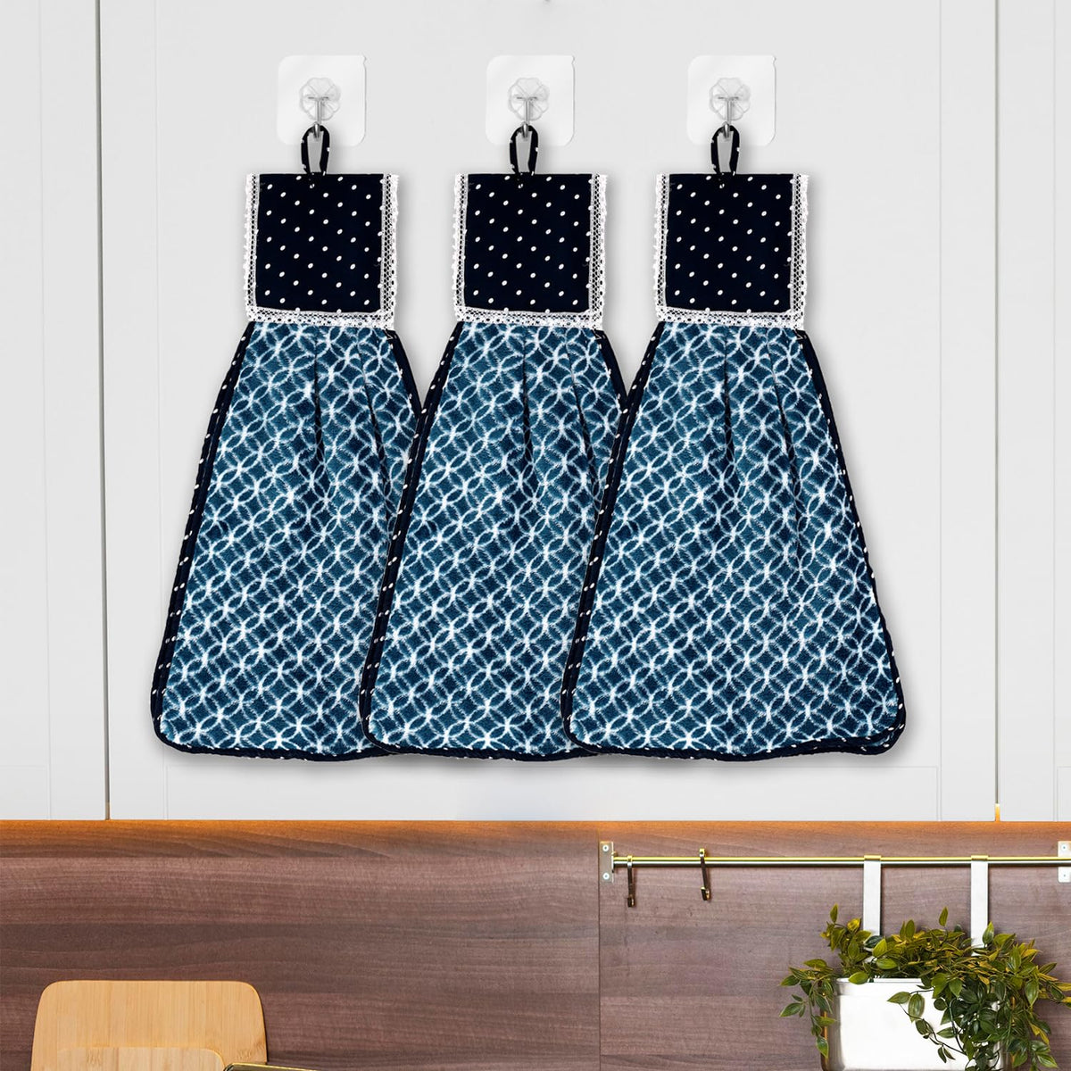 Heart Home Napkin | Washbasin Hanging Napkin | Kitchen Towel with Ties | Napkin for Kitchen | Circle Napkin for Bathroom | Hand Towel for Kitchen | Pack of 3 | Blue