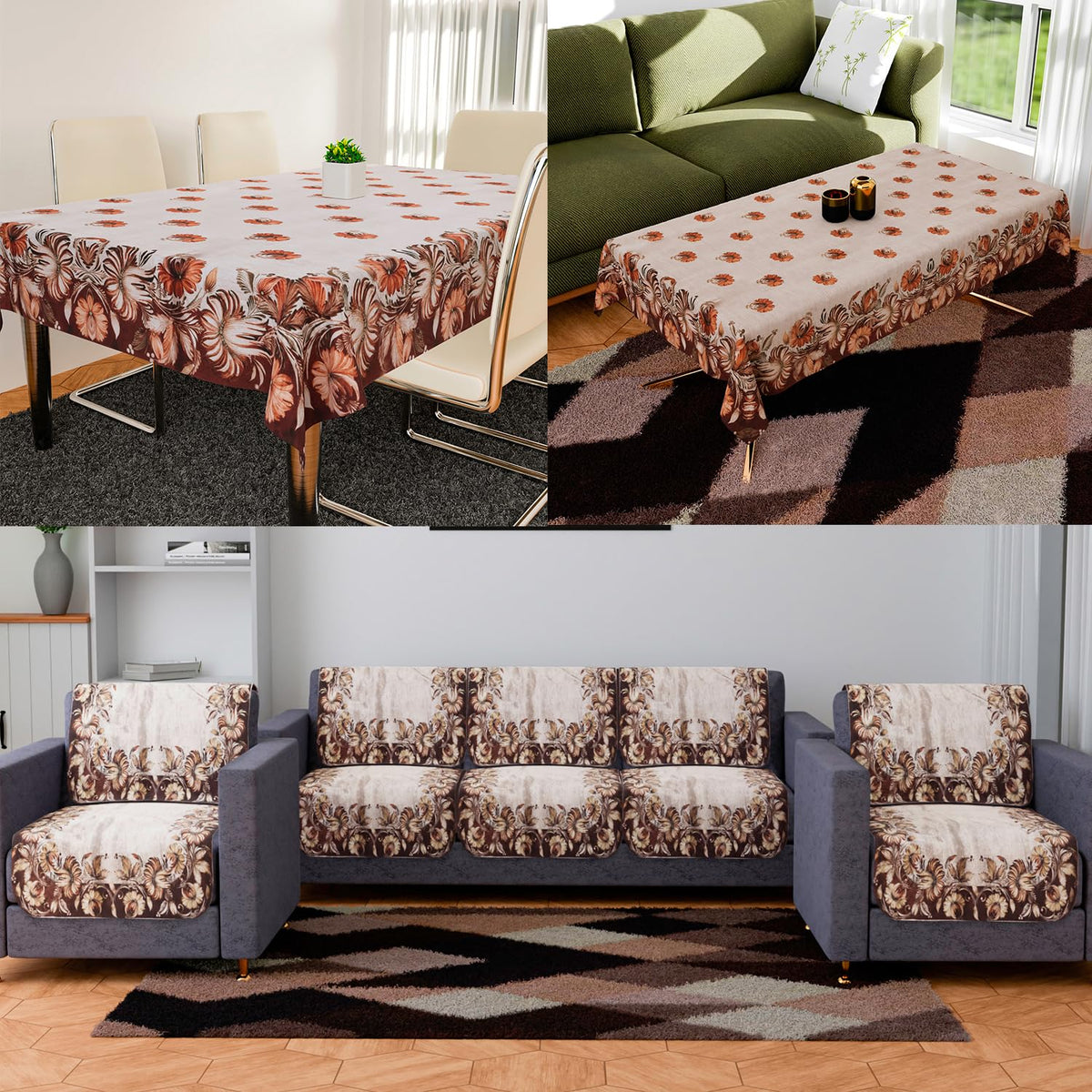 Heart Home Sofa-Center & Dining Table Cover Set | Brown Flower Design Sofa-Center & Dining Table Cover | 5 Seater Sofa with Center-Dining Table Cover Set | Golden