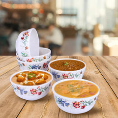 Heart Home Shatter Resistant Melamine White Bowls Set of 6 | Lightweight, BPA Free Aesthetic Bowl Set | Red&Blue Floral Print - White