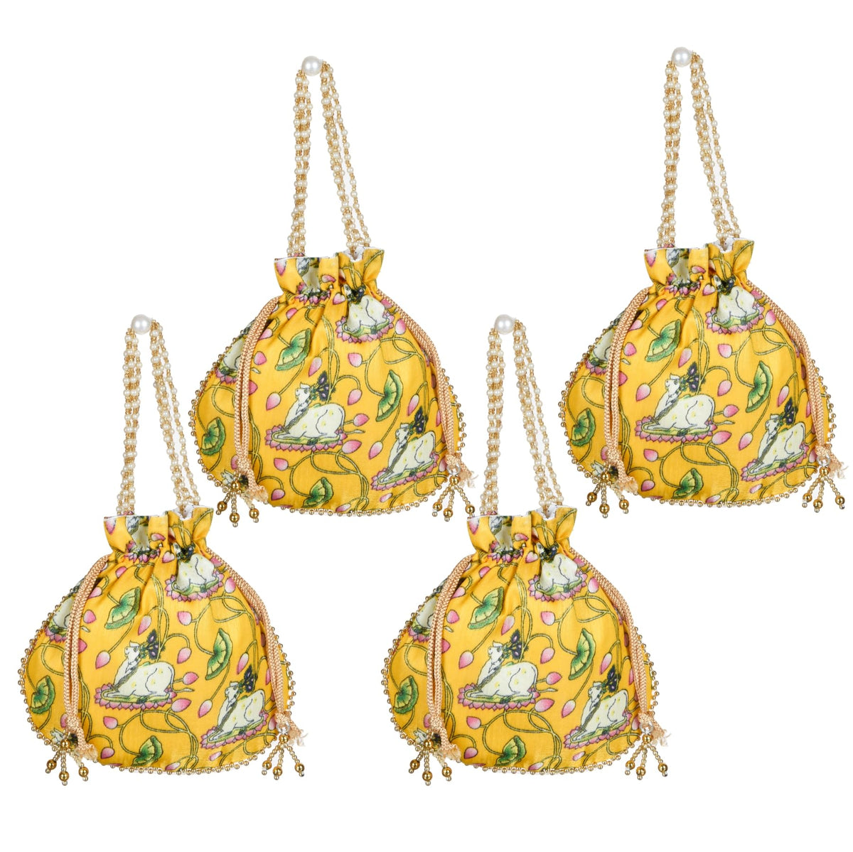 Kuber Industries Potli|Silk Wedding Potli|Wallet Potli|Christmas Gift Potli|Baby Shower Potli|Traditional Shagun Potli|Drawstring with Beads Handle Potli|Cow-Design Patli Potli|Pack of 4|Yellow