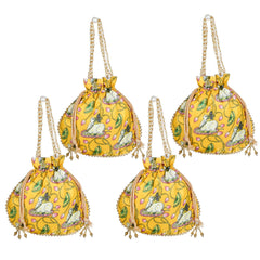 Kuber Industries Potli|Silk Wedding Potli|Wallet Potli|Christmas Gift Potli|Baby Shower Potli|Traditional Shagun Potli|Drawstring with Beads Handle Potli|Cow-Design Patli Potli|Pack of 4|Yellow