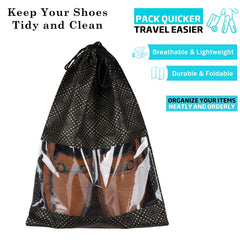 Heart Home Shoe Bags | Shoe Bags for Travel | Drawstring Shoe Storage Bags | Storage Organizers Set | Shoe Cover with Transparent Window | Shoe Pouches | Golden Dot-Print | Pack of 6 | Black