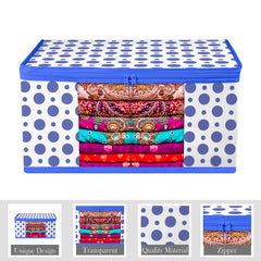 Heart Home Saree Cover | Zip Closure Saree Cover | Clothes Storage Bag | Wardrobe Organiser | Transparent Window Saree Cover | Dot-Design | 9 inch | Pack of 6 | Blue